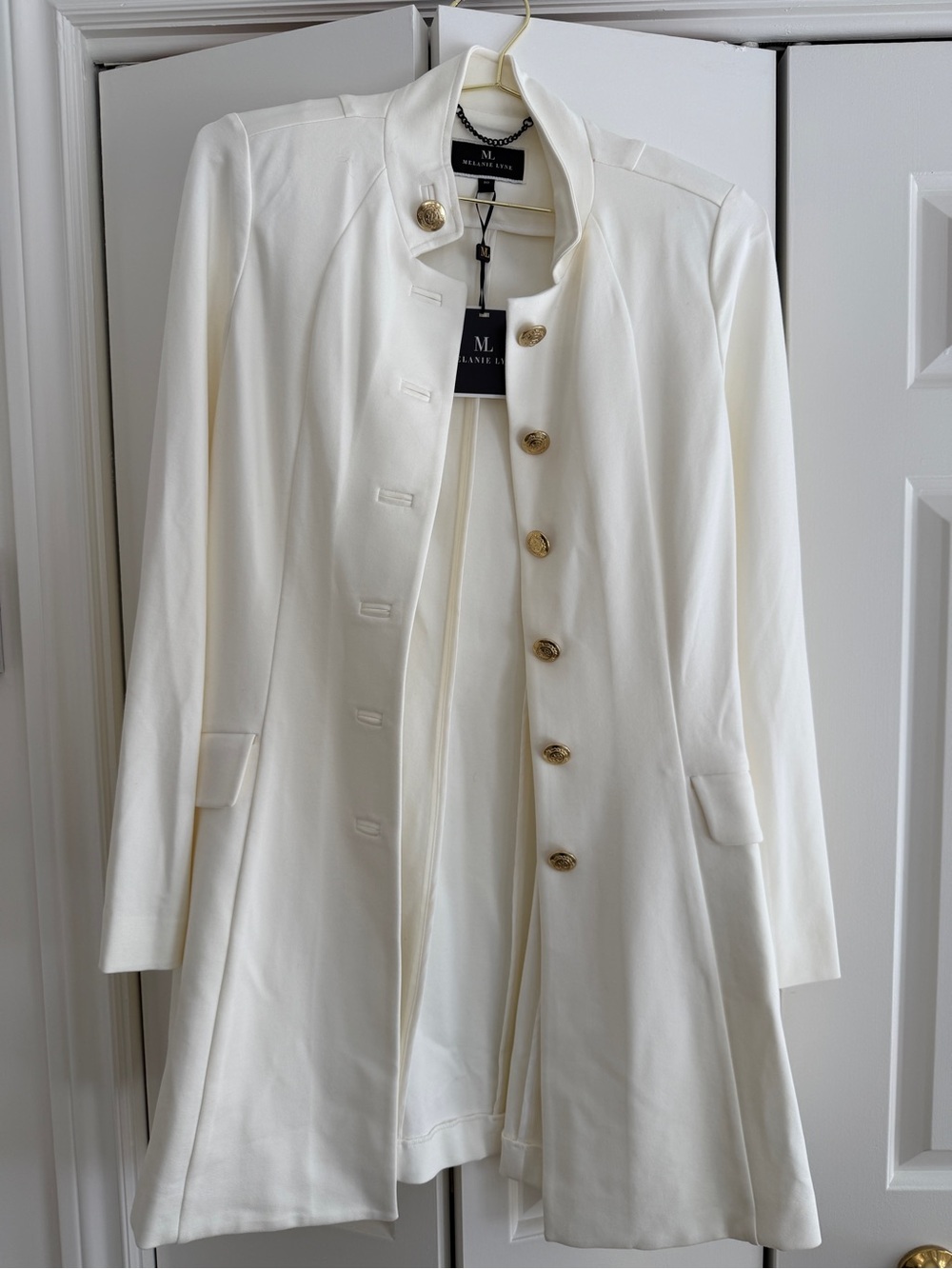 Melanie Lyne Cream Military-Style Long Coat with Gold Buttons